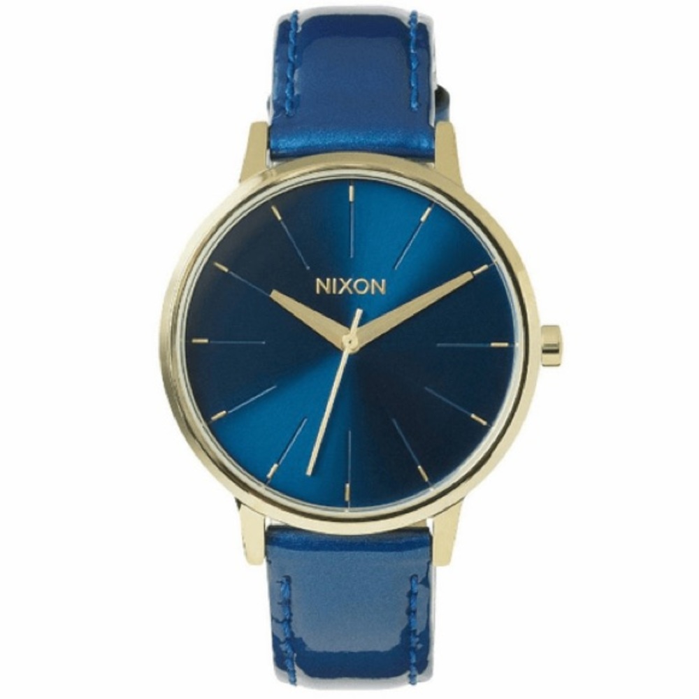 Nixon watch blue patent leather strap, gold face